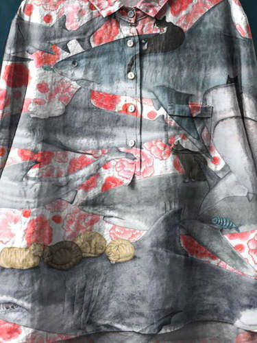 Vintage Lovely Sharks Cats Art Print Casual Cotton And Linen Shirt