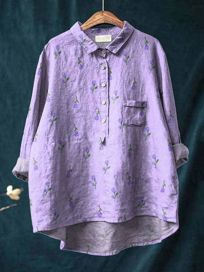 Petite Lilac Tulip Floral Pattern Printed Women's Casual Cotton And Linen Shirt