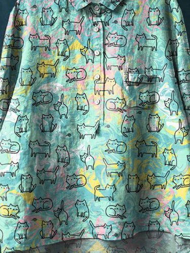 Vintage Cute Cats Art Print Casual Cotton And Linen Shirt