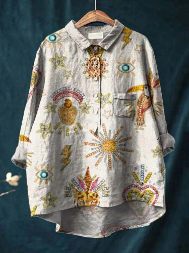 Vintage Ethnic Pattern Art Print Casual Cotton And Linen Shirt