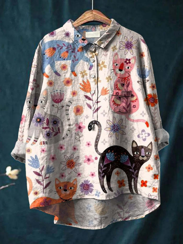 Women's Colorful Cat Floral Print Casual Cotton And Linen Shirt