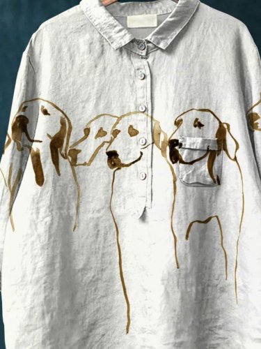 Women's Cute Dog Art Print Casual Cotton And Linen Shirt