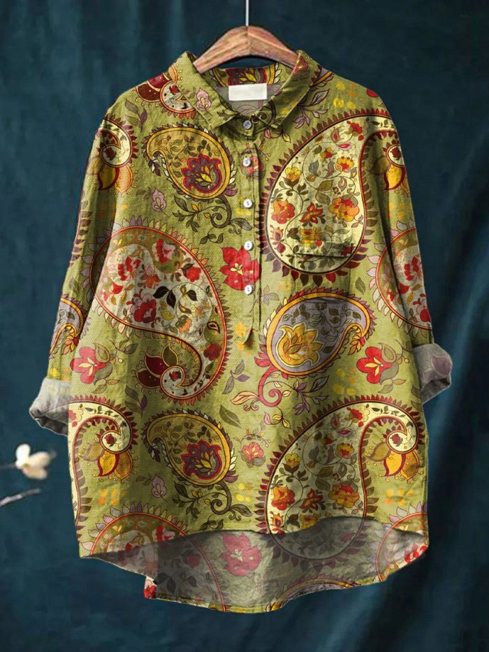 Vintage Ethnic Floral Pattern Art Print Casual Cotton And Linen Shirt