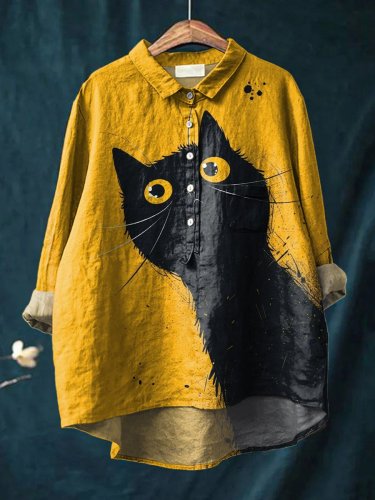 Vintage Lovely Cat Art Print Casual Cotton And Linen Shirt