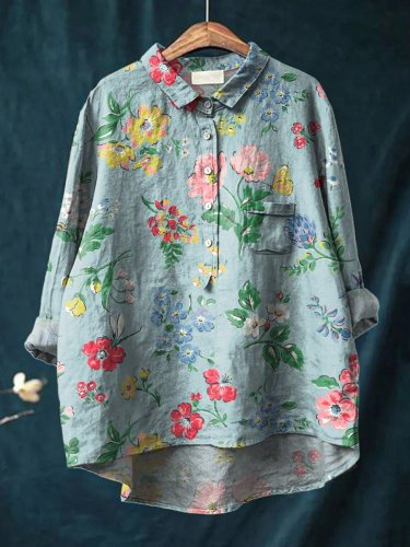 Vintage Lovely Floral Art Print Casual Cotton And Linen Shirt