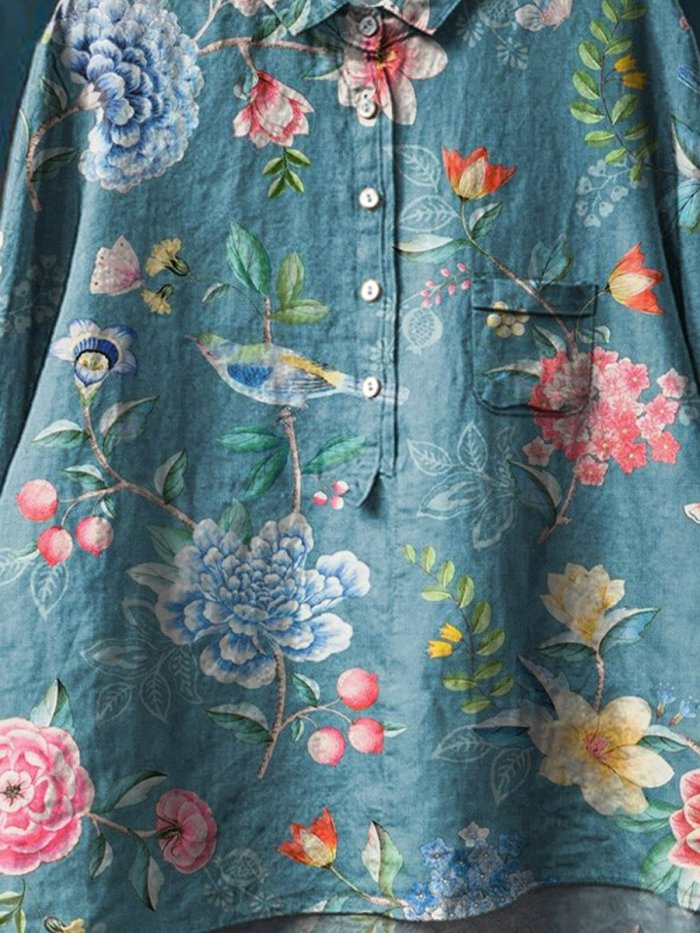 Vintage Lovely Floral Birds Art Print Casual Cotton And Linen Shirt