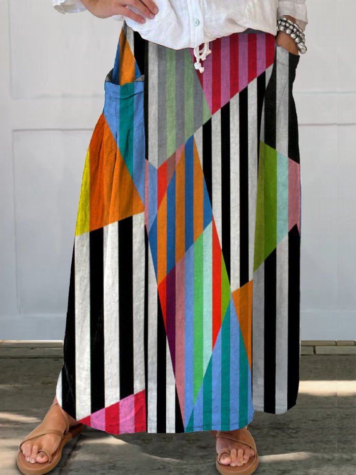 Women's Black Stripes Colorful Geometric Print Linen Pocket Skirt