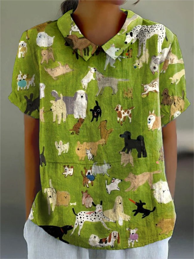 Women's Dog Lover Print Casual Cotton And Linen Shirt
