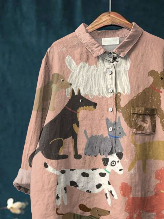 Women's Cute Dog Art Print Casual Cotton And Linen Shirt