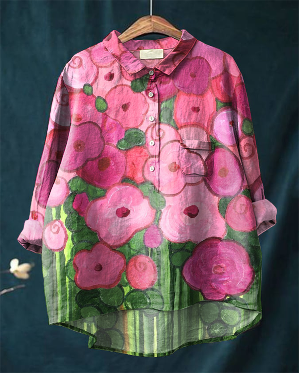 Vintage Pink Art Floral Print Cotton and Linen Shirt