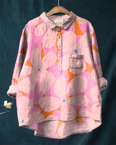 Vintage Pink Floral Print Loose Cotton and Linen Shirt