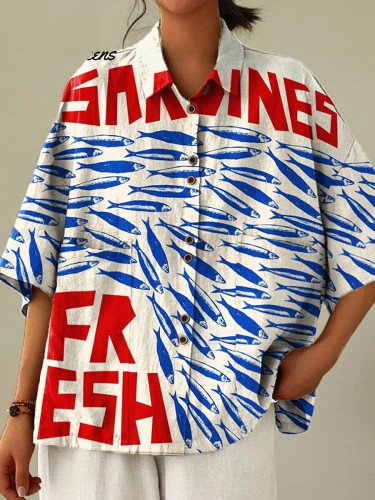 Women's Vintage Fish Sardines Art Print Casual Cotton Linen Shirt