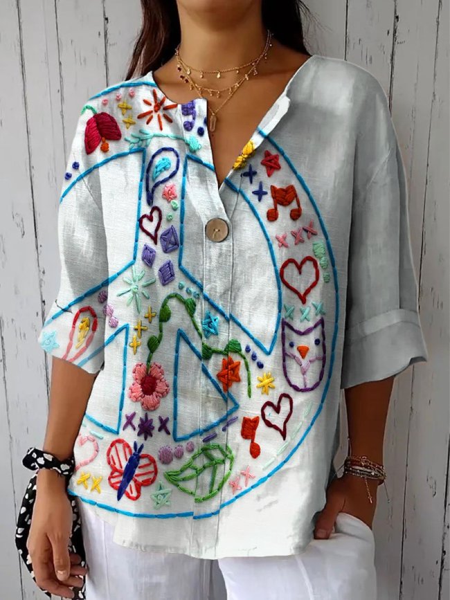 Women's Vintage Peace Art Print Casual Cotton Linen Shirt
