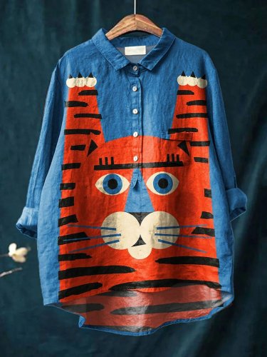 Women's Vintage Tiger Colourful Canvas Print Casual Cotton And Linen Shirt