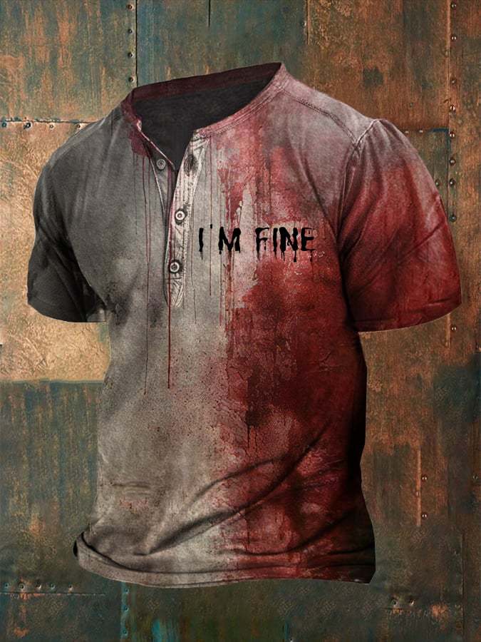 Men's Bloody I'm Fine Halloween Print Henley T-Shirt