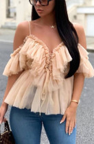 Women Solid Sexy Net Yarn Sling Top