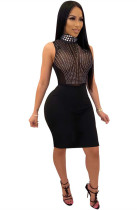 Black Diamond High Neck See-Through Sleeveless Dress