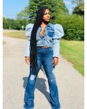 Contrast Color Puff Sleeve Denim Coats