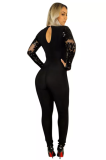 Black Skinny Transparent Deep V Neck Sequin Romper Jumpsuit