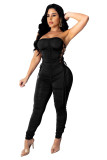 Low-cut Sexy Bandage Pleated Solid Color Jumpsuit