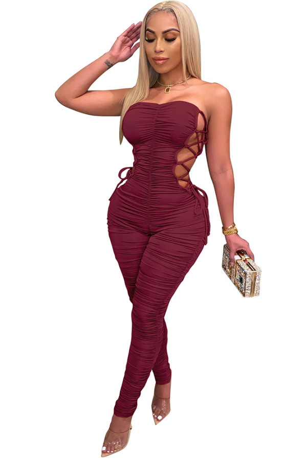 Low-cut Sexy Bandage Pleated Solid Color Jumpsuit