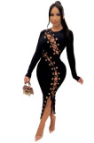Winter Long Skirt Sexy Self-cultivation Lace-up High Elastic Pit Strip Dress