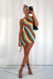 Multi-colored Striped O-neck Sleeveless Package Buttocks Dress