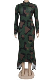 High Collar High-low Hem Long Sleeve Dress