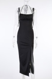 Black Split  Low Cut Slip Dress