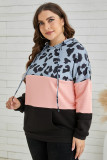 Plus Size Leopard Colorblock Splicing Hoodie with Pocket