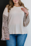 Beige Leopard Bell Sleeve Patchwork Plus Size Top