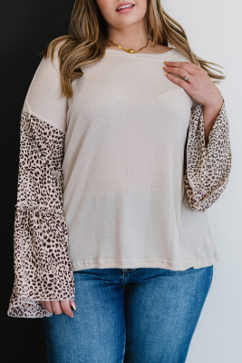 Beige Leopard Bell Sleeve Patchwork Plus Size Top