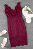 Red Lace Sleeveless Deep V Neck Bodycon Midi Dress