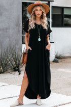 Black Loose Fit Cotton Blend V Neck Maxi Dress with Slits