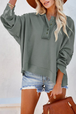 Gray Casual Button Solid Patchwork Trim Hoodie
