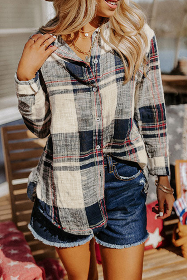 Blue Distressed Raw Edge Plaid Print Shirt