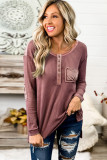 Waffle Elbow Patch Buttoned Long Sleeve Top