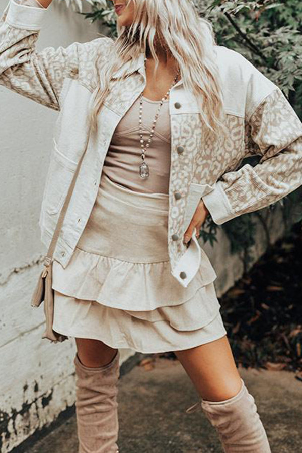 White Leopard Print Corduroy Long Sleeve Jacket