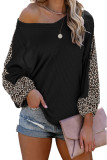 Black Leopard Splicing Waffle Knit Blouse