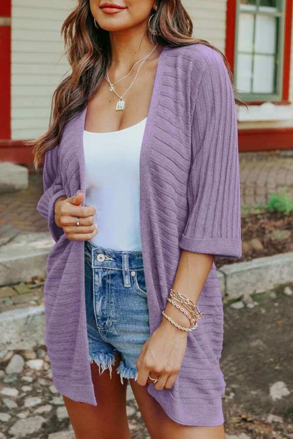 Purple Ribbed Open Front Knit Cardigan