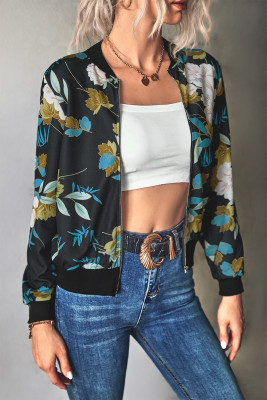Front Open Zipper Floral Print Jackets