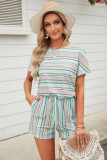 Green Striped Short Sleeve Romper