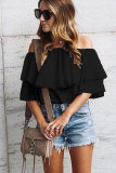 Black Soft Breeze Frilling Off-shoulder Top