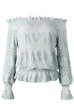 Green Off Shoulder Ruffle Long Sleeve Smocked Waist Lace Crochet Blouse
