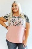Stripes Leopard Colorblock Plus Size Short Sleeve Top