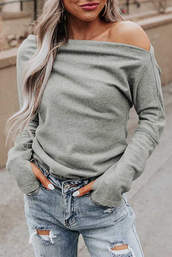 Gray Asymmetric Off-shoulder Long Sleeve Knit Top