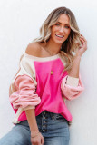 Rose Colorblock Long Sleeve Pullover Fleece Sweatshirt