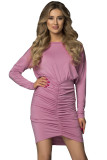 Pink Crewneck Long Sleeve Shirred Split Bodycon Dress