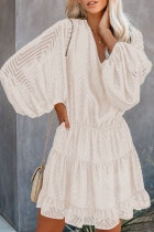 Apricot Waved Stripes Textured Balloon Sleeve Tiered Dress