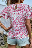 Pink Floral Print Tiered Short Sleeves Top